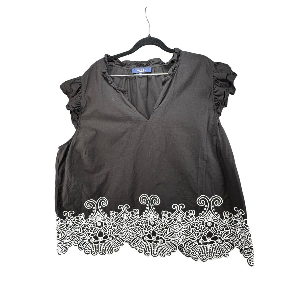 Rachel Roy Womens 3X Black Blouse White Embroidered Scallop Hem Ruffle Sleeve